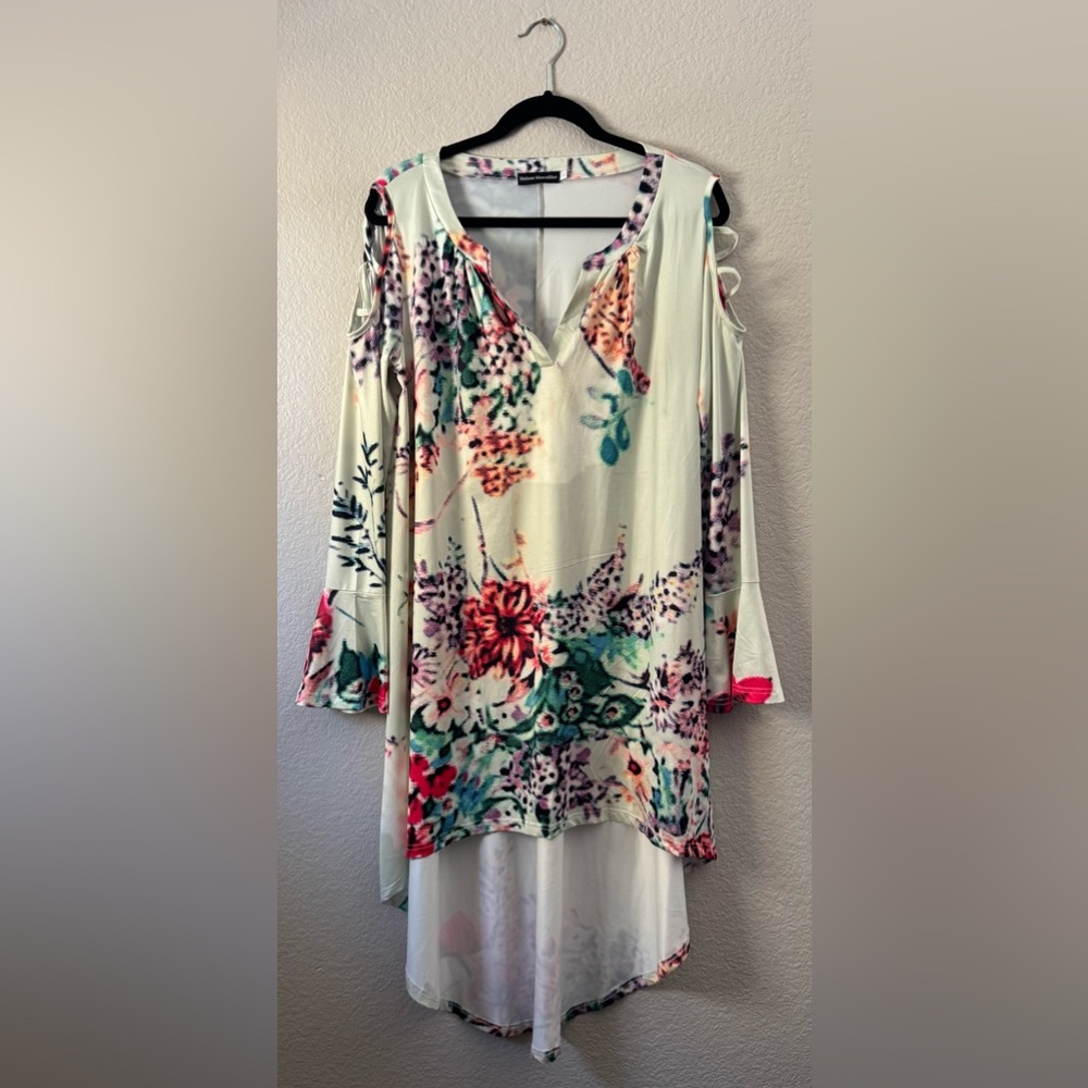 Maison Mascallier Green Floral Peek a Boo Shoulder Bell Sleeved Hi Lo Dress